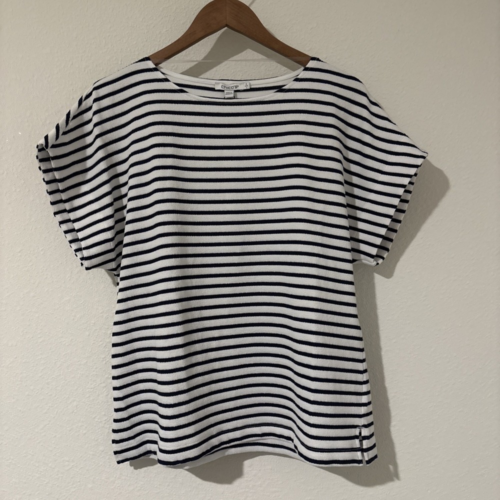 Chicos Stripe Text Dolman There Knit Women's Top Size 2 Large Preppy Coastal